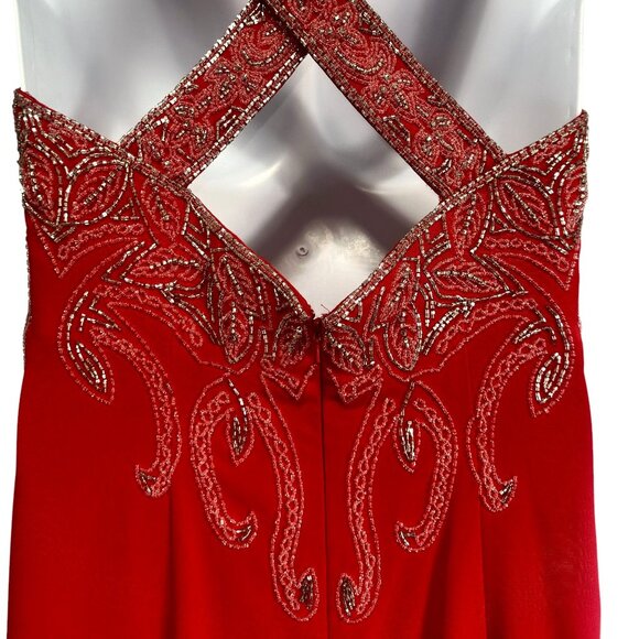 Jovani Red Beaded Crisscross Back Straps Maxi Long Evening Gown Size 10 Dress - Picture 4 of 16